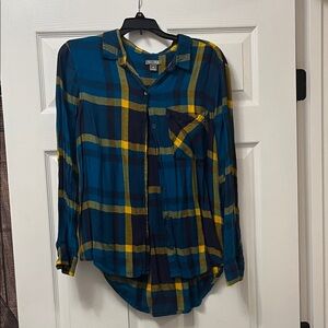 Falls Creek Women's Blue and Yellow Plaid Button-Down Shirt